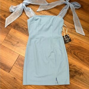 Lulu's Light Blue Mini Dress with Sheer Bow Straps with pearls